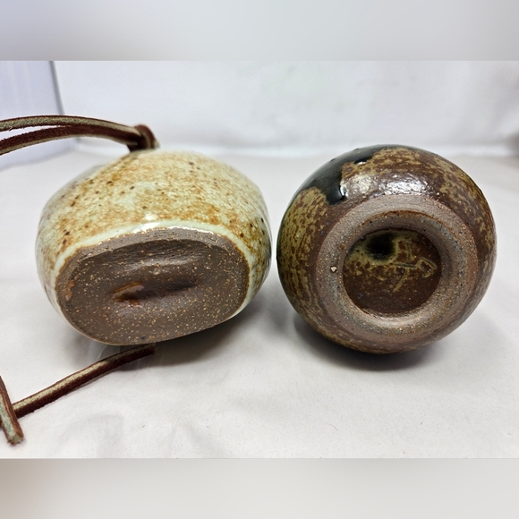 Pottery Handmade Vintage Japenese Small & Medium Vases Tan-leather Tie & Green - Picture 7 of 12